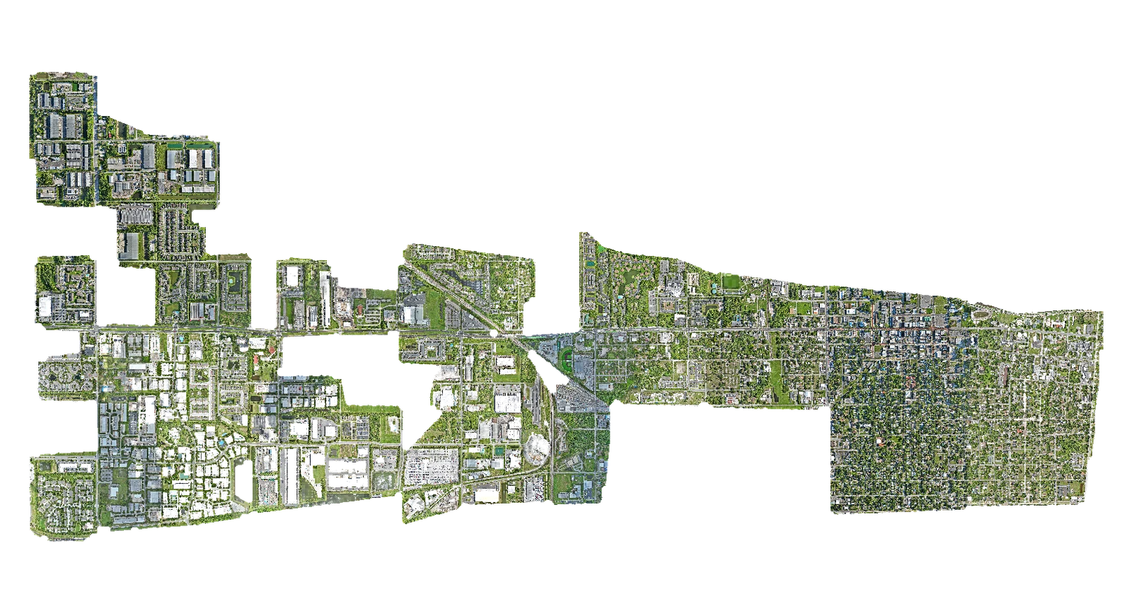 Top-down aerial orthomosaic coverage overview from a multi-zone Central Florida aerial mapping mission, showing an irregular capture boundary stitched from many overlapping aerial images on a transparent background