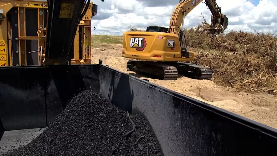 Aerial view of a citrus farm biochar grinding operation in Central Florida