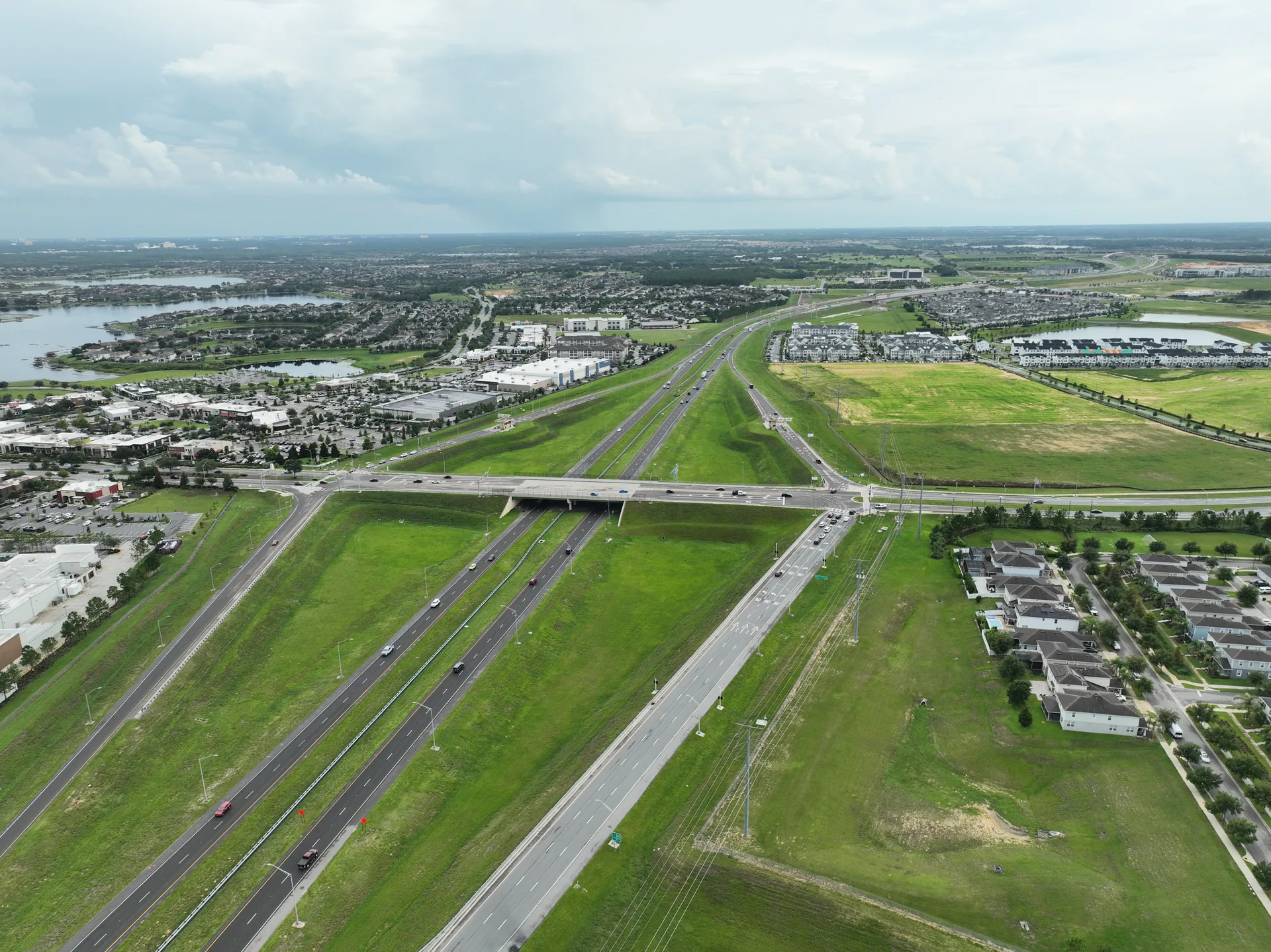 Highway 429 corridor through the Hamlin / Horizon West study area, with the interchange, retail frontages, and adjacent residential neighborhoods visible. The area the developer wanted featured in the interactive sales center experience.